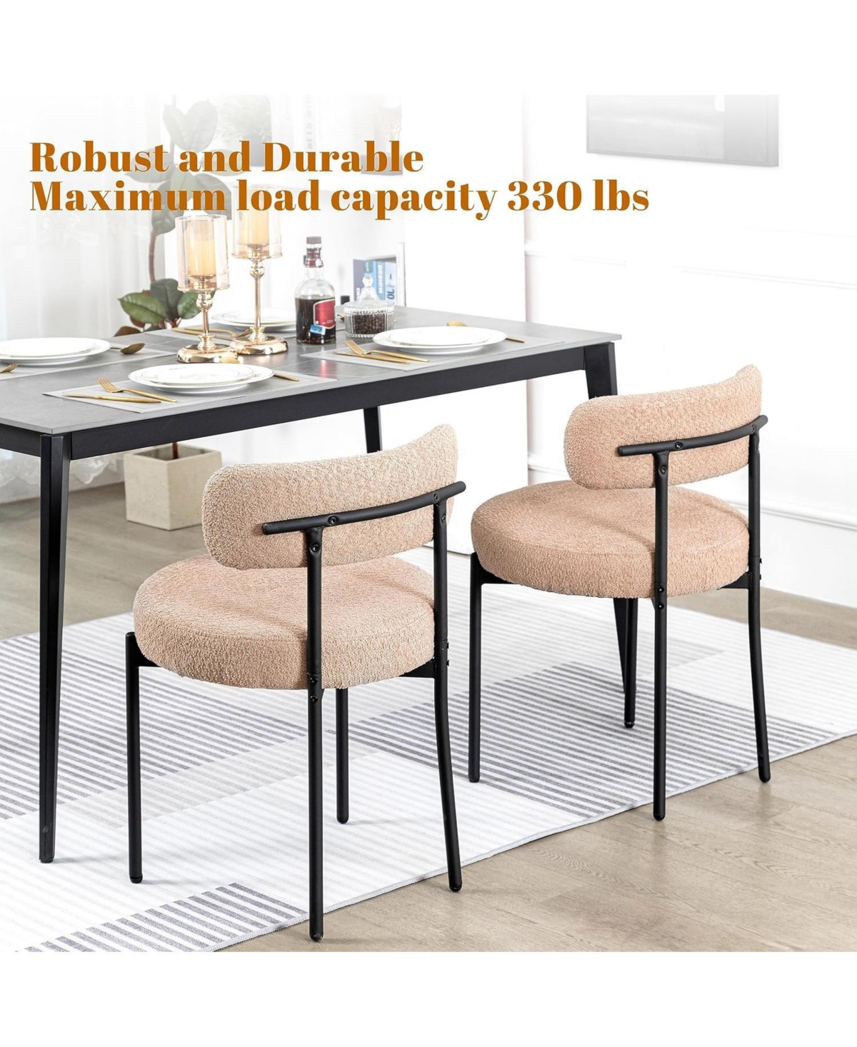Dyhome Boucle Dining Chairs Set of 4, Upholstered Kitchen Room Chairs, Side with Thick Cushions and Metal Legs