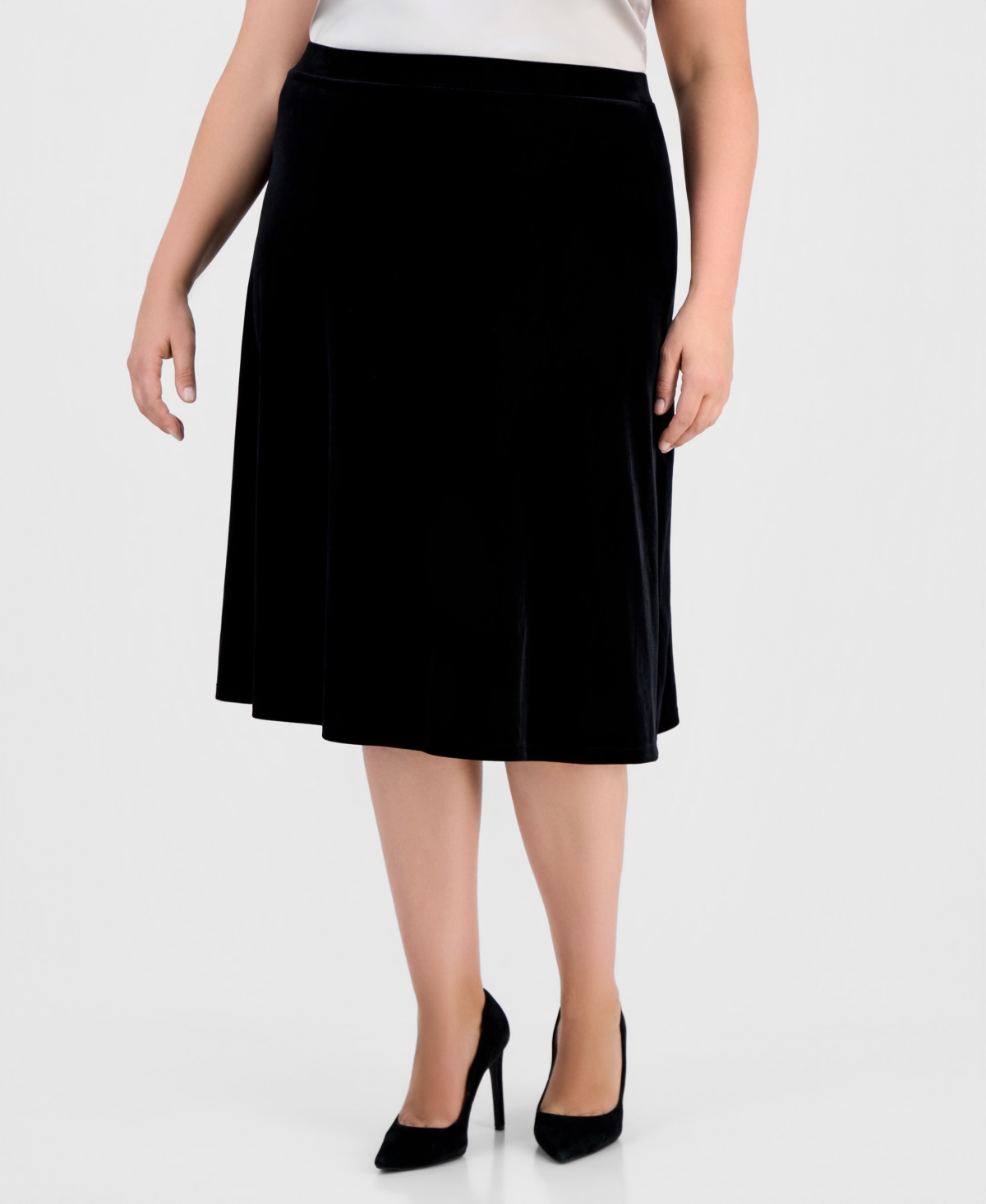 Kasper Plus Size Velvet Pull-on Midi Flair Skirt In Black
