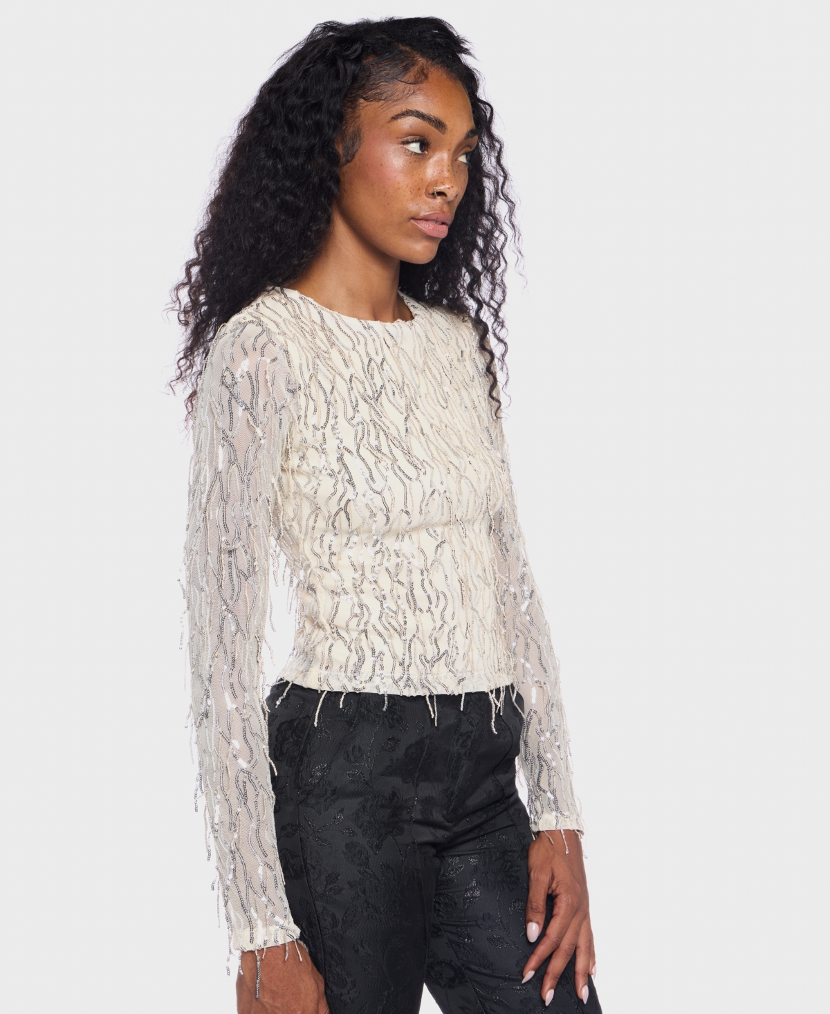 Alex & Sophia Women's Fringe Detail Long Sleeve Top