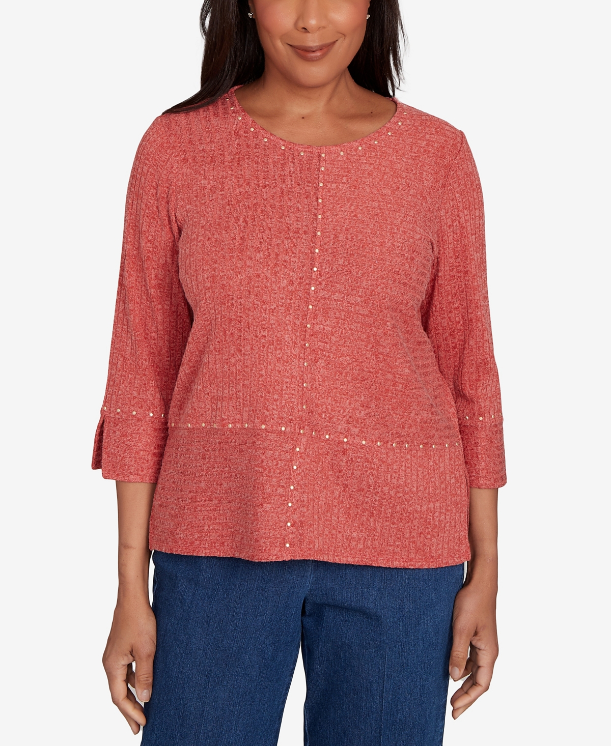 Alfred Dunner Women's Sunset Canyon Embellished Spliced Solid Top