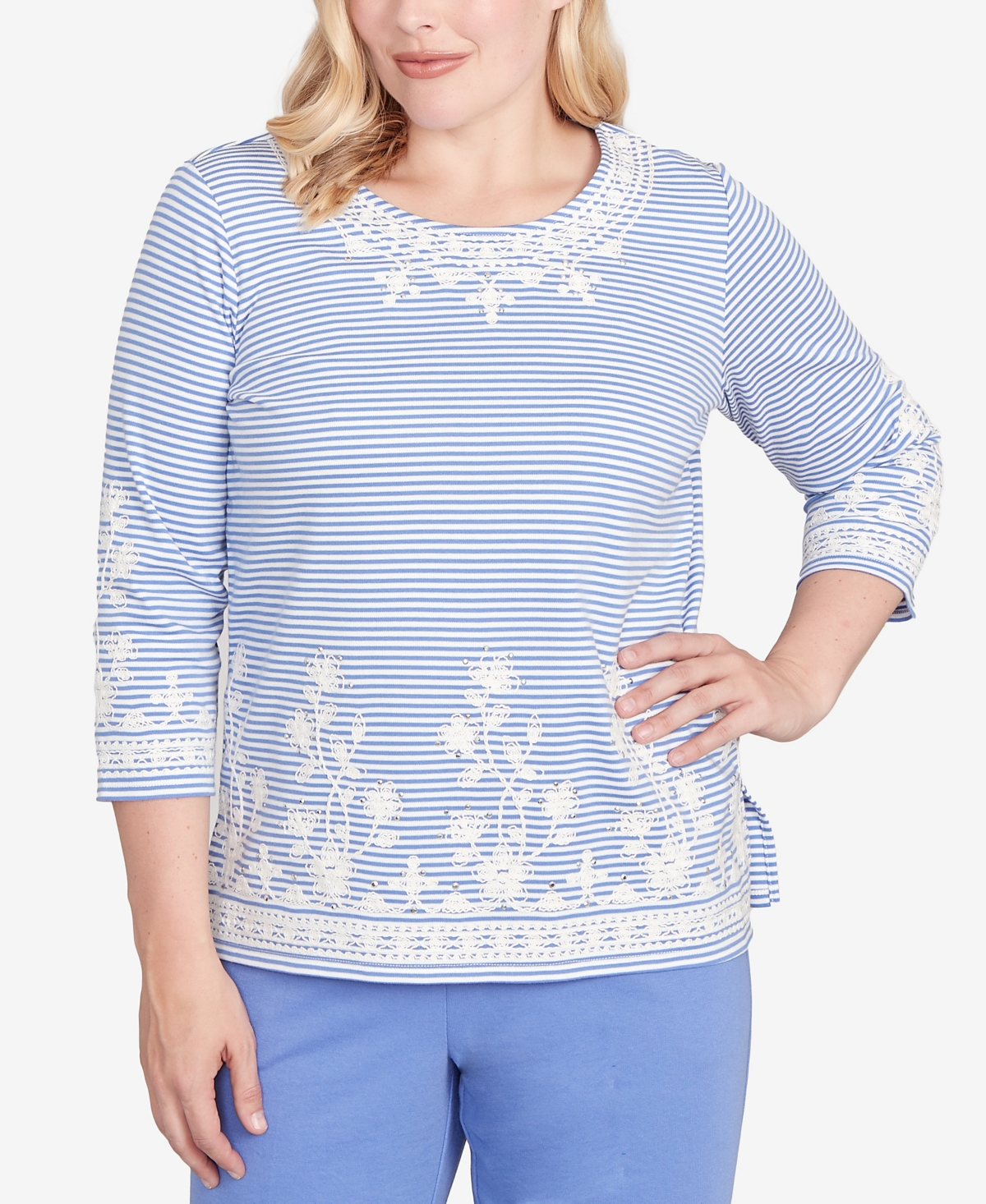 Alfred Dunner Women's Casual Vibe Embellished Striped Crew Neck Top