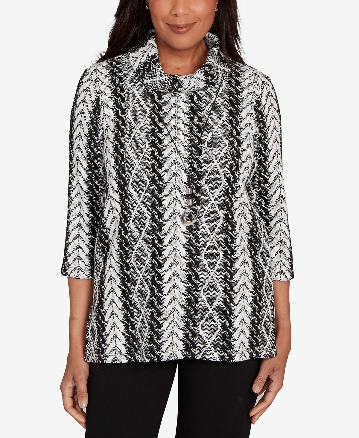 Alfred Dunner Women's Jet Setter Cable Jacquard Knit Top with Necklace