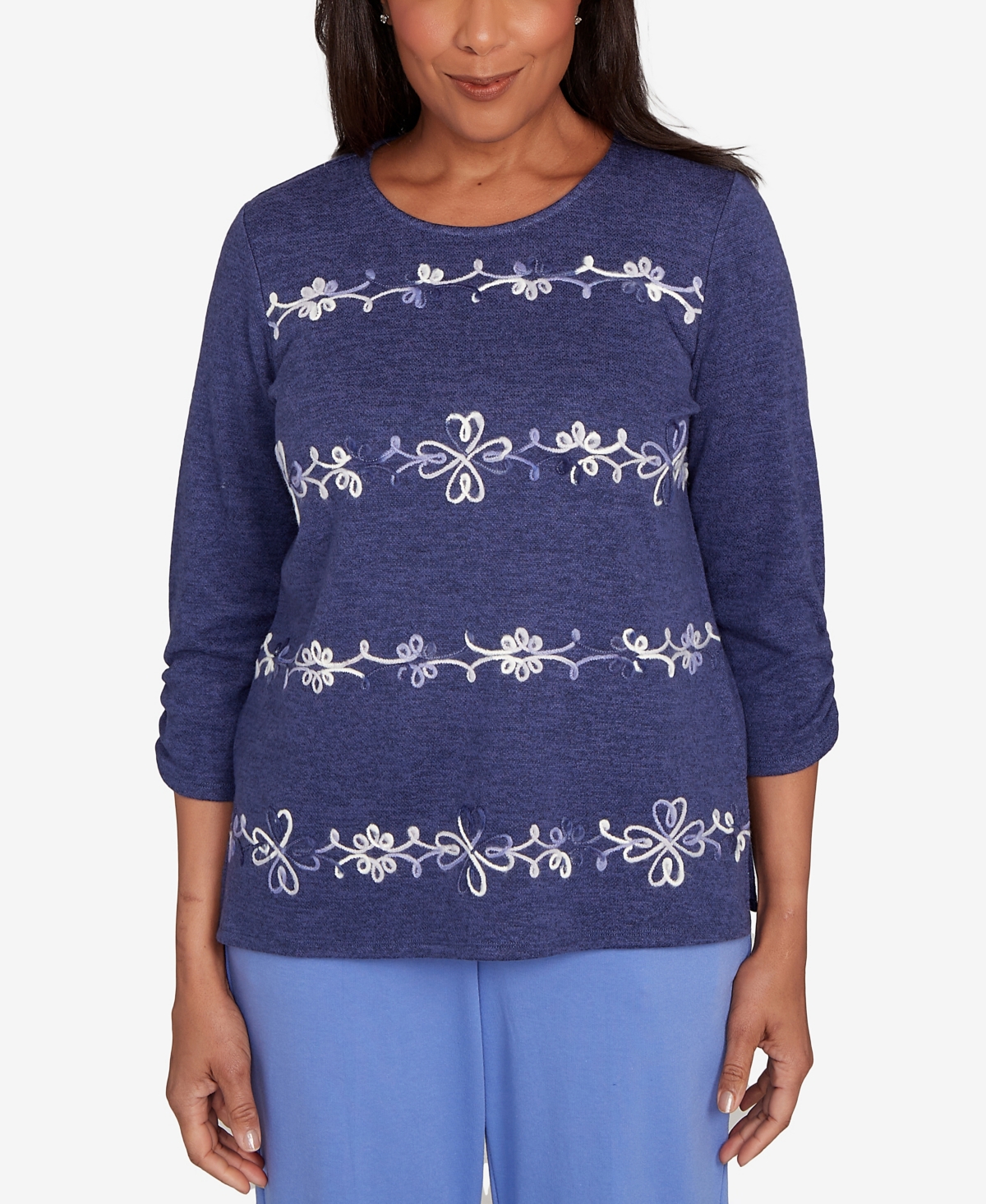 Alfred Dunner Women's Lake Champlain Embroidered Scroll Ruched Sleeve Top