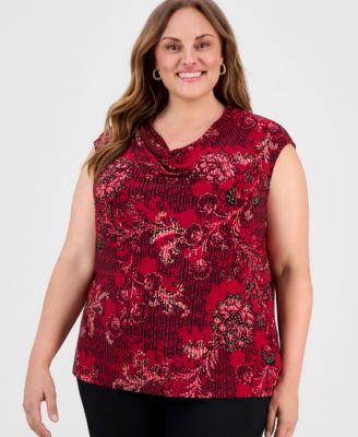 Kasper - Plus Size Printed Sleeveless Cowl-Neck Top