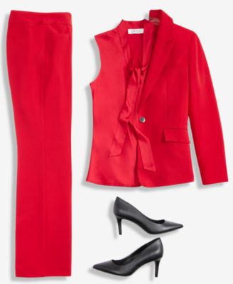 Kasper Womens Stretch Crepe One Button Jacket Tie Neck Sleeveless Top Straight Leg Pant In Red