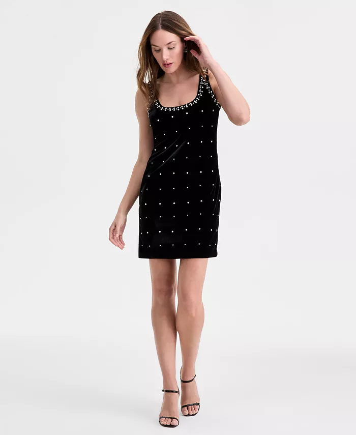 Women's Embellished Stretch Velvet Mini Dress