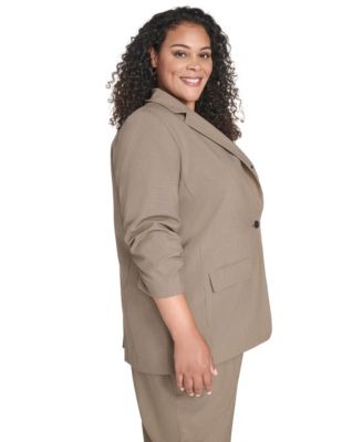 Plus Size Check-Print One-Button 3/4-Sleeve Jacket
