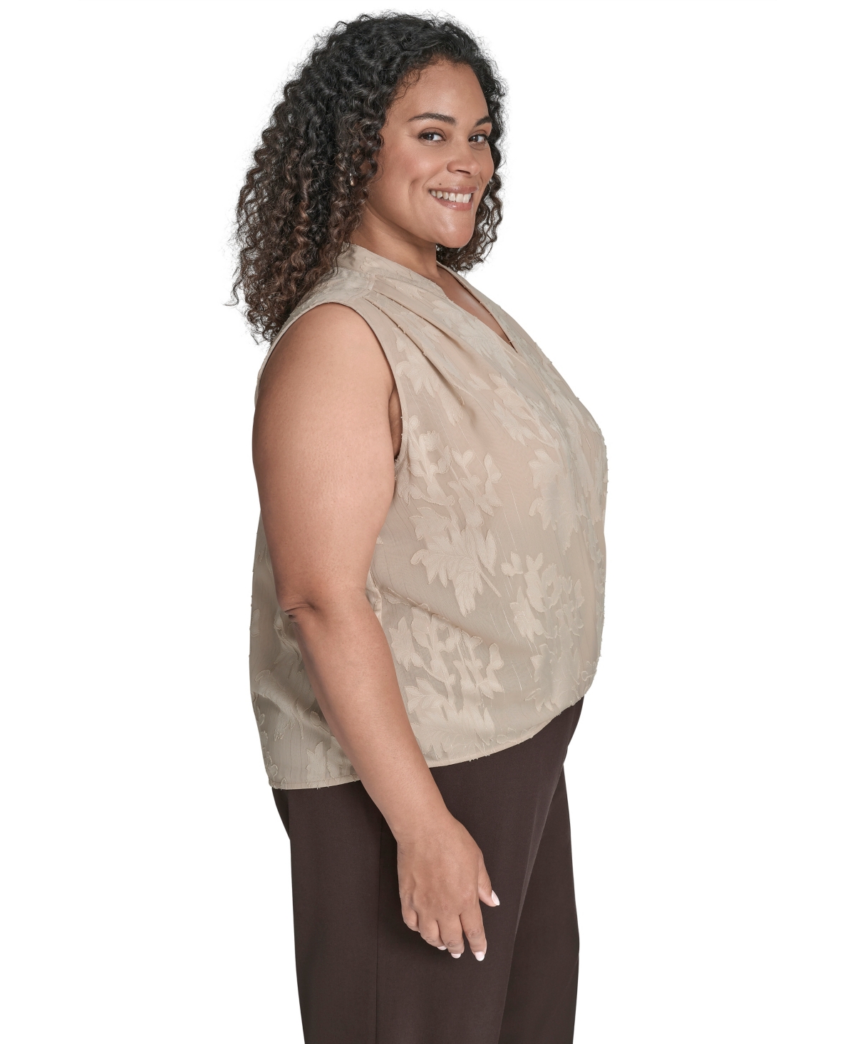 Calvin Klein Plus Size Printed Faux-wrap Sleeveless Blouse In Brown