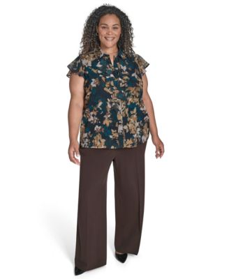 Calvin Klein - Plus Size Printed Cap-Sleeve Ruffle-Front Blouse