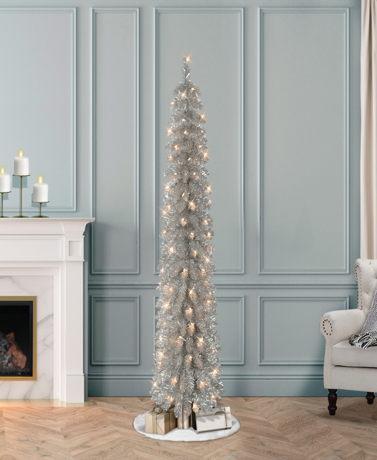 Puleo 6' Pre-lit Artificial Alpine Pencil Tree In Silver