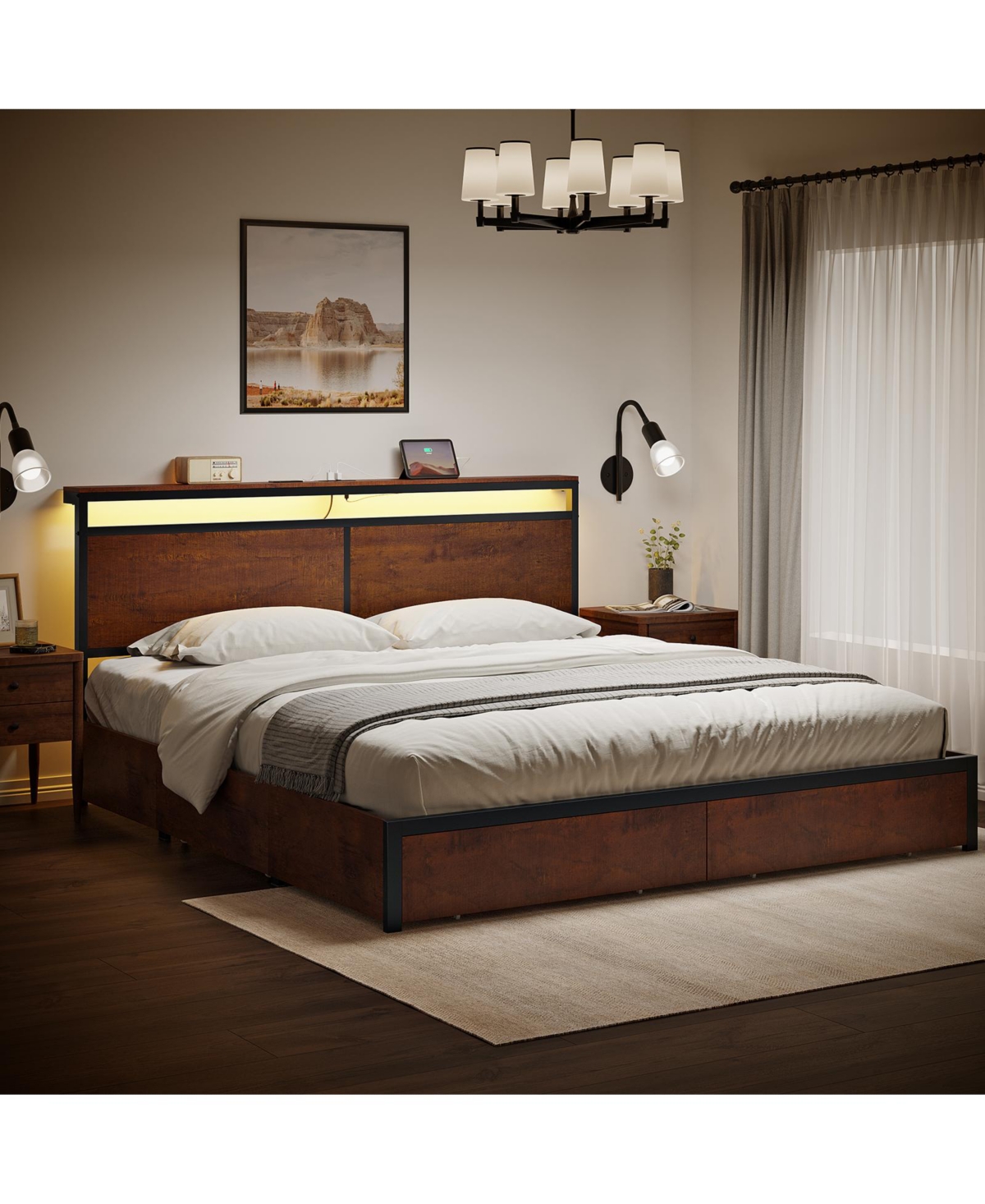 Hausource King Size Bed Frame with Led Storage Headboard & 4 Drawers & Charging Station