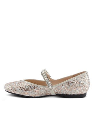 Women's Kailyn Jeweled Slip-On Flats with Crystal-Encrusted Upper, Stretch Strap with Pearls, Cushioned Insole, Slip-Resistant Rubber Outsole