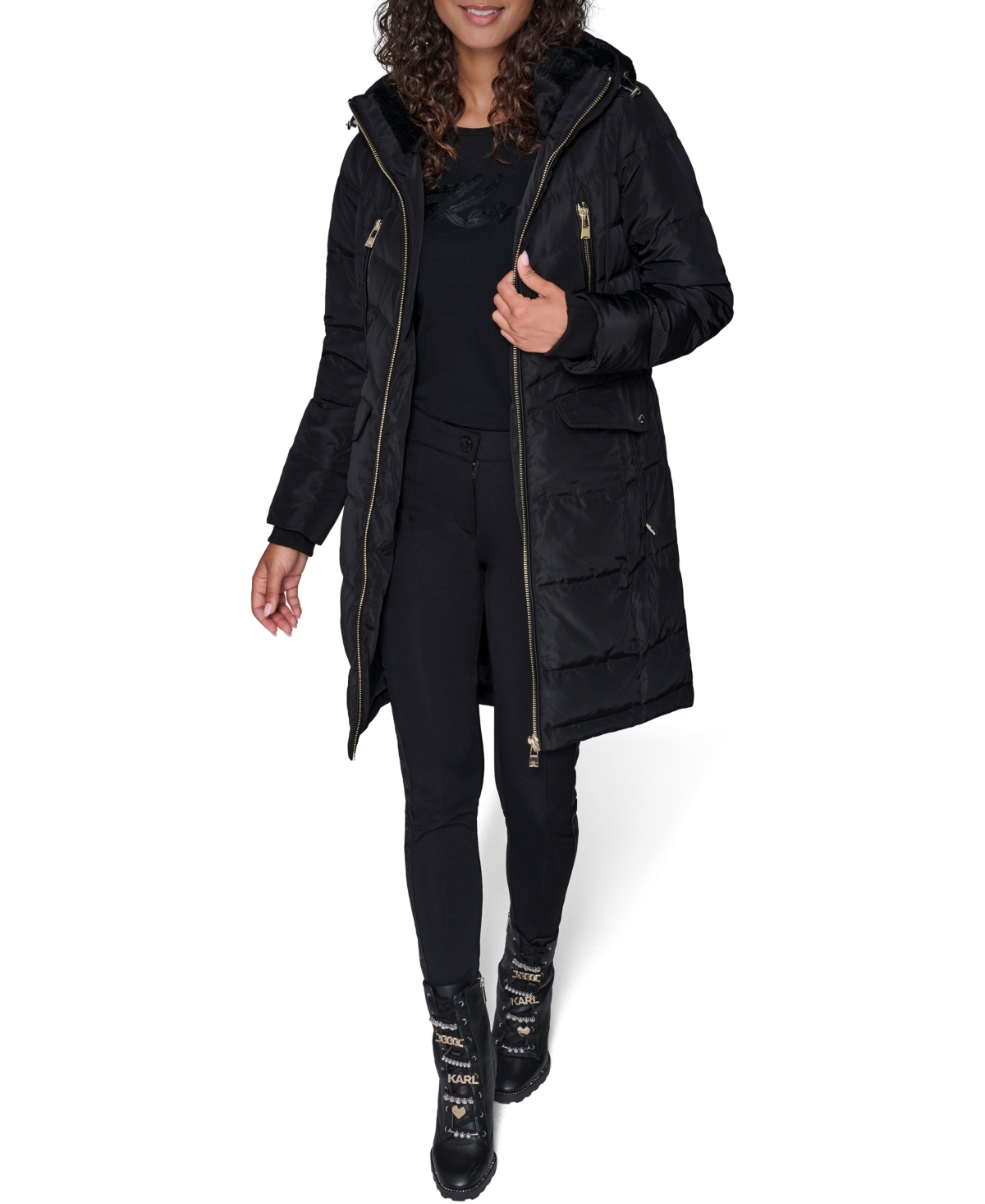 Karl Lagerfeld Women's Hooded Luxe Twill Detail Puffer Coat In Black