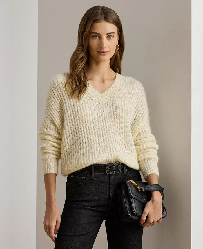 Women's Sequined Rib-Knit V-Neck Sweater - thumbnail 7
