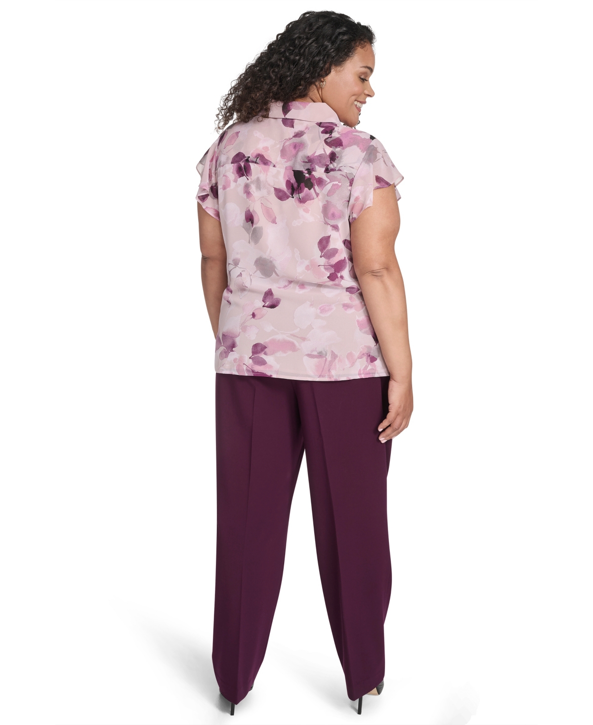 Calvin Klein Plus Size Ruffle Front Short Sleeve Top In Purple
