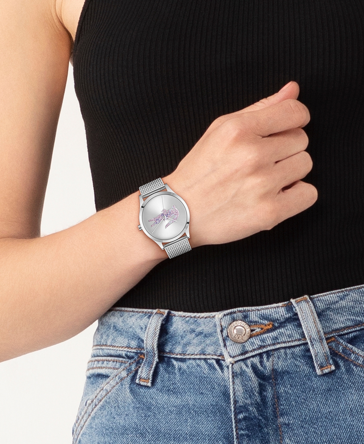 Lacoste Women's Crocodelle Silver Tone Stainless Steel Mesh Bracelet Watch, 36mm In Silver