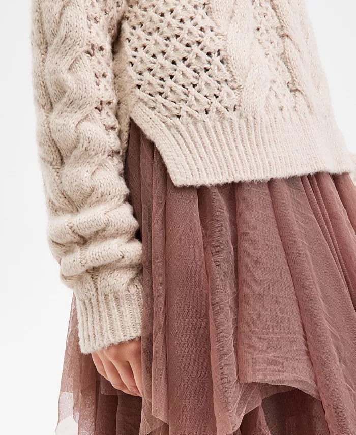 Women's Pointelle Cable Crew Neck Sweater - thumbnail 3