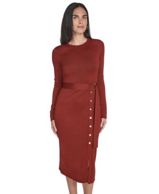 Women's Long Sleeve Belted Midi Dress