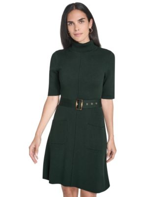 Women's Turtle Neck Elbow Sleeve Belted Dress