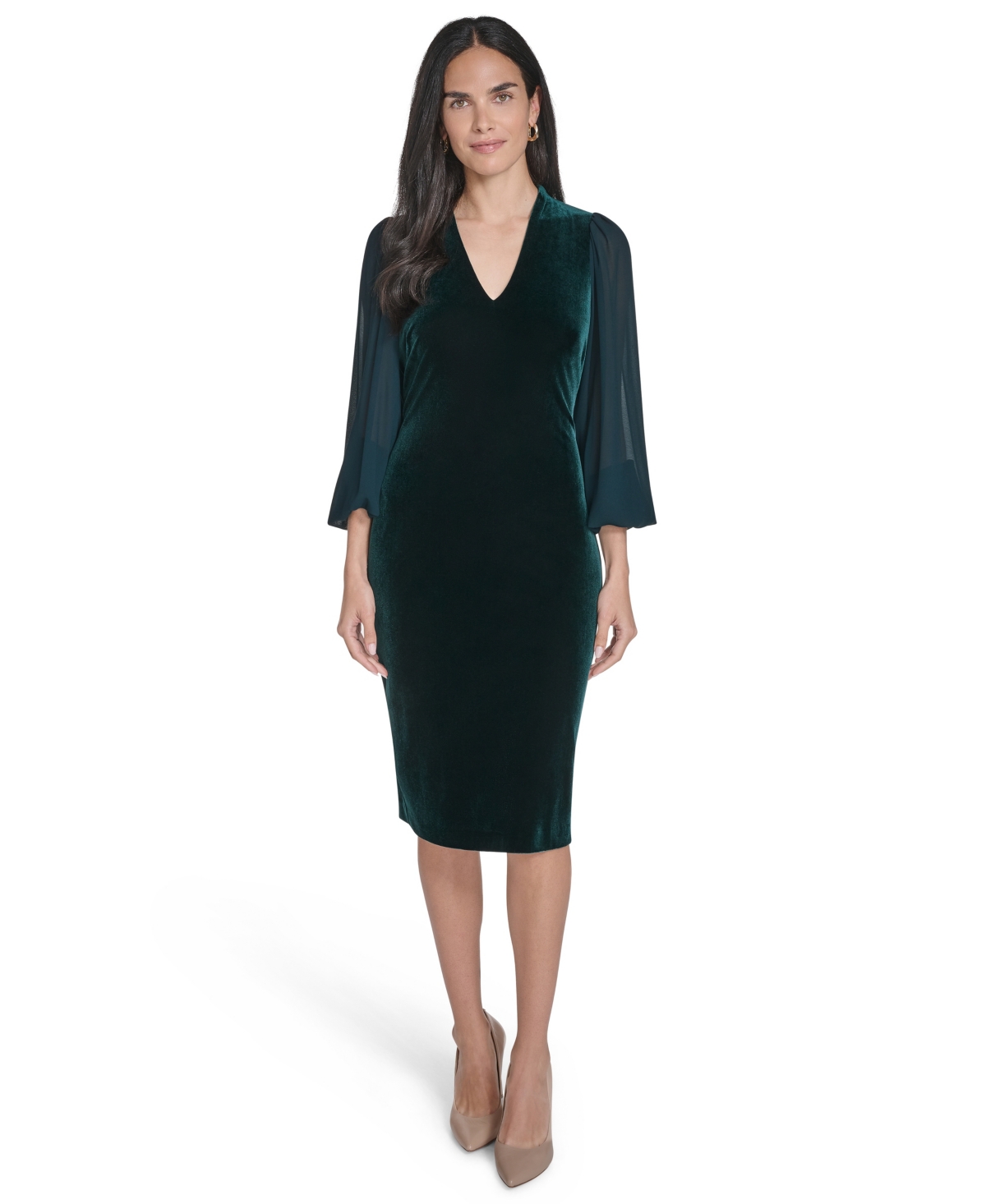 Jessica Howard Women's V-neck With Chiffon Sleeve And Back Yoke Bodycon Dress In Green