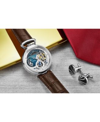 Men's Automatic Dual Time Alloy Case Skeleton Dial Alligator Embossed Genuine Leather Strap Watch