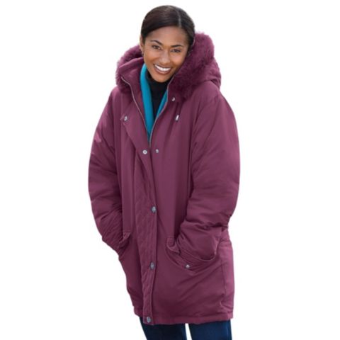 Женская куртка Woman Within Plus Size Faux Fur Down Parka, цвет: Глубокий бордово-красный