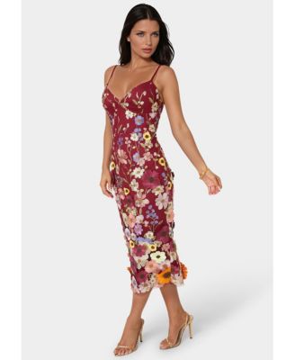 Women's 3D Floral Strappy V Midi Dress