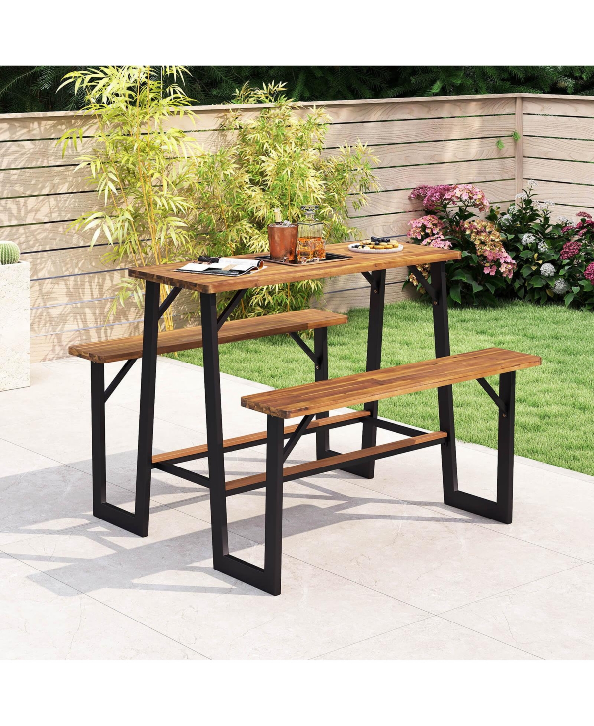 Patio Picnic Table Bench Set with Acacia Wood Tabletop Benchtop Built-in Footrests
