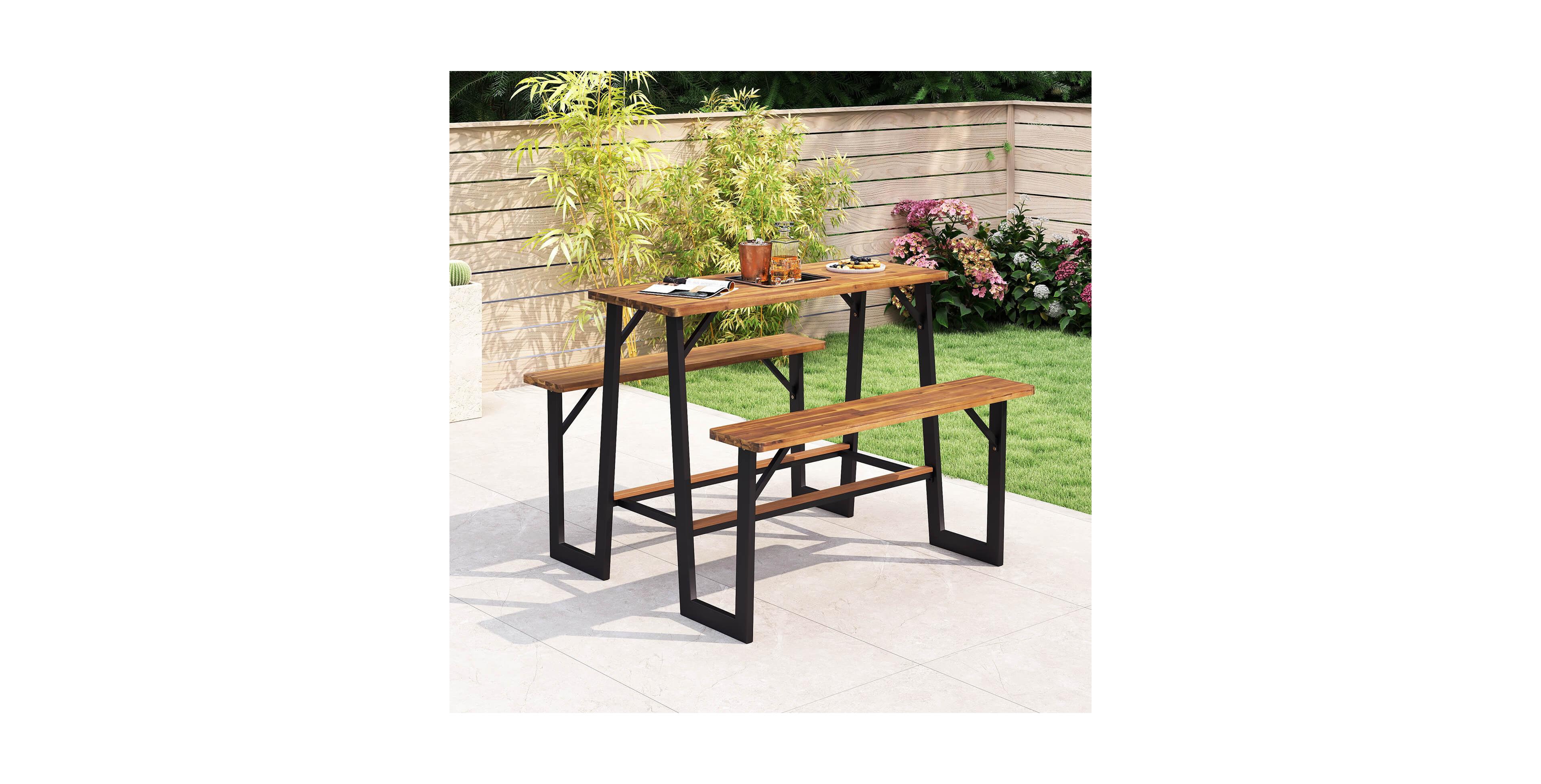 Patio Picnic Table Bench Set with Acacia Wood Tabletop Benchtop Built-in Footrests