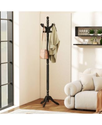 Solid Rubber Wood Coat Rack with 3 Adjustable Heights and 11 Hooks for Hallway