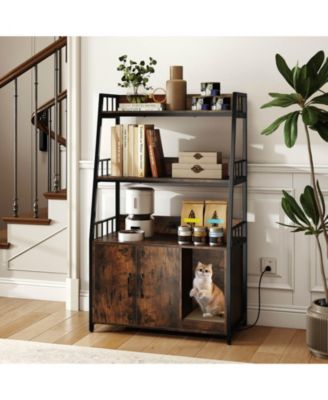 Cat Litter Box Enclosure with Storage Shelves Scratching Pad Charging Station