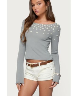 Womens Iridescent Button Boat Neck Top
