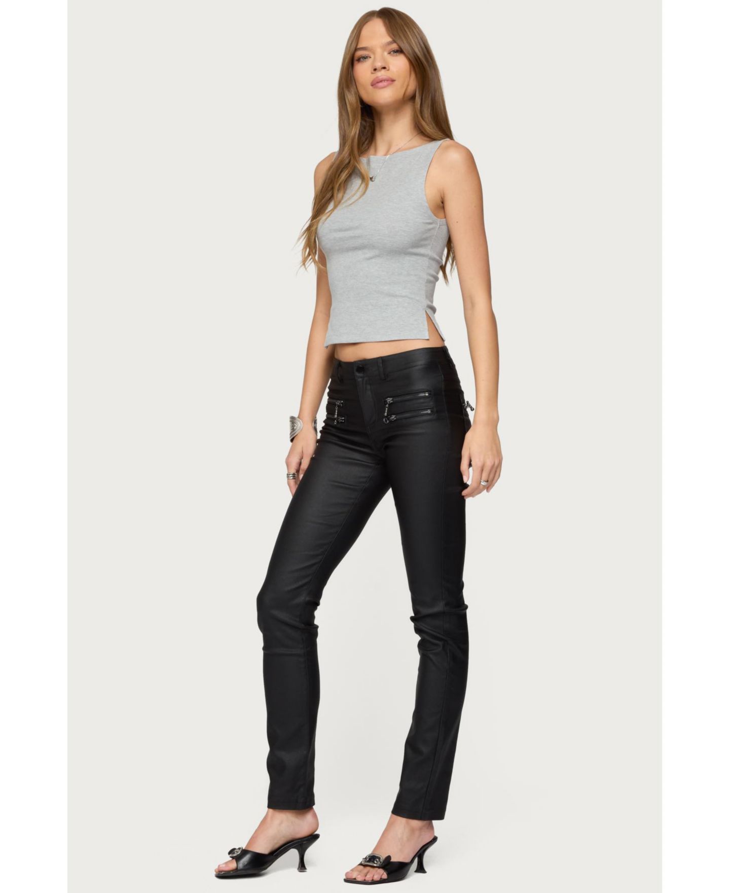 Женские джинсы Edikted Kaede Faux Leather Skinny, цвет: Чёрный — фото 3