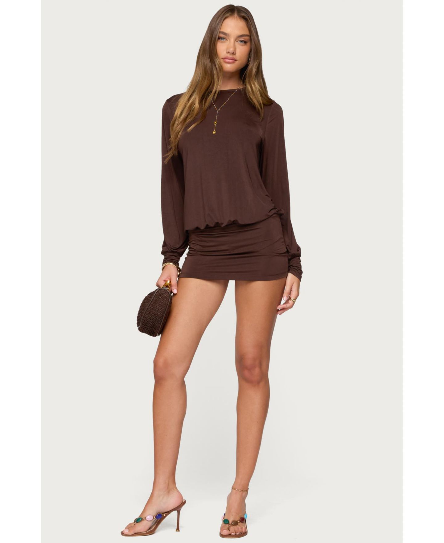 Женский комбинезон Edikted Guilia Backless Long Sleeve, цвет: Тёмный коричневый — фото 5