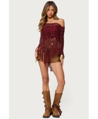 Women's Fringe Sequin Crochet Poncho