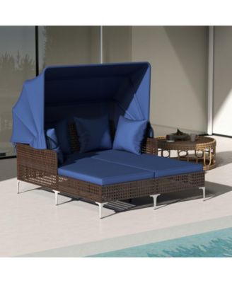 Outdoor Daybed w/ Retractable Canopy PE Wicker Rattan Patio Double Chaise Lounger