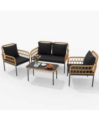 4 Pieces Patio Furniture Sets Wicker Outdoor Patio Table and Chairs Set with Glass Side Table, Loveseat Chairs, Boho Rattan Conversation Sets for Bistro, Apartment, Backyard, Porch, Black