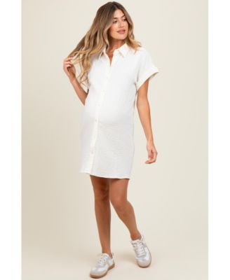 Ivory Textured Short Sleeve Button Down Maternity Shirt Dress