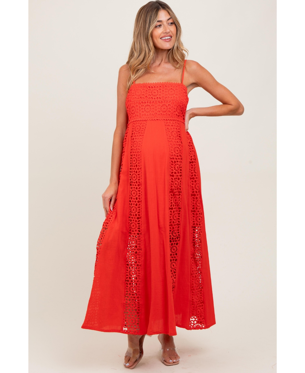 Pinkblush Maternity Coral Red Crochet Lace Paneled Maxi Dress