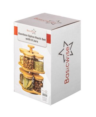 Minimalist Two-Tier Bamboo Lazy Susan Turntable with 8 Pcs 12 oz Airtight Lid Glass Jars, Versatile Spice Rack Organizer, Perfect for Kitchen Countertops, Dining Tables, and Pantry Cabinets