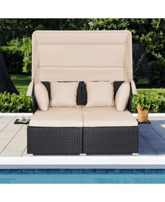 Patio Rattan Daybed Lounge Retractable Top Canopy Side Tables Cushions