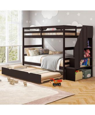 Twin over Twin Wooden Bunk Bed w/ Trundle Storage Stairs Convertible