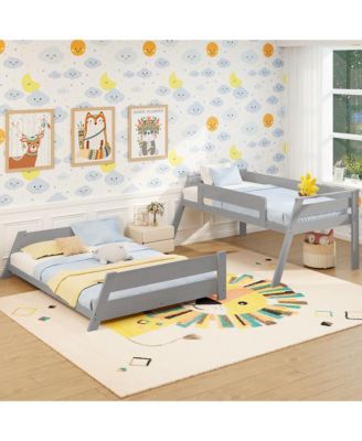 Twin Over Full Low Bunk Bed Solid Wooden Floor Bunk Bed w/ Reversible Ladder White