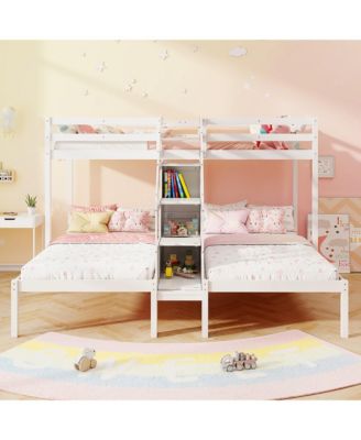 Wooden Twin Over Twin & Twin Bunk Bed w/ 4-Step Storage Staircase Guardrail