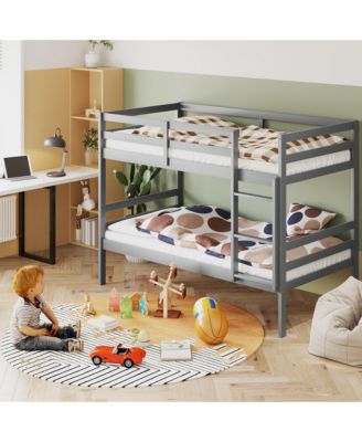 Twin Over Twin Wood Bunk Beds W/Ladder & Safety Rail Pine Wood Bunk Bed