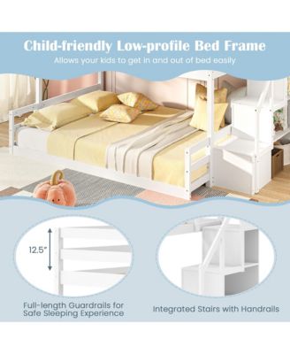 Twin Over Full Low Bunk Bed w/ Storage Stairs w/ Full-length Guardrails