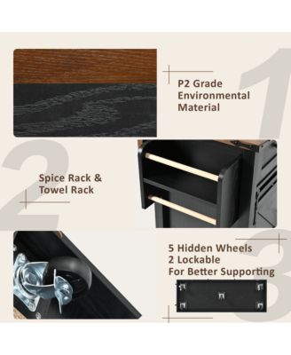 53.7" Farmhouse Kitchen Island with Drop Leaf, Power Outlet, Barn Doors & Drawers, Rolling Storage Cart