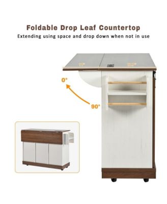 55.5" Wide MDF Drop Leaf, Barn Door, Power Outlet, 3 Drawers, Locking Wheels Farmhouse Kitchen Island Cart