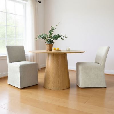 3 Pc. Wood Boucle Upholstered Removable Slipcover Pedestal Base Round Table Dining Room Set