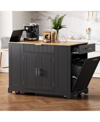 Rolling Kitchen Island with Trash Bin Cabinet, Power Outlet, 3 Drawers, Side Spice Racks, Solid Wood Top, Lockable Wheels
